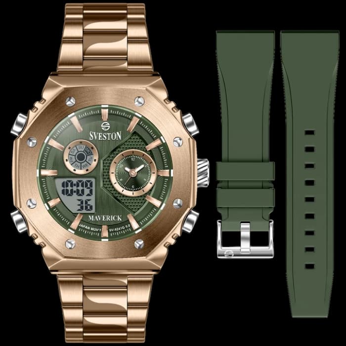 Men’s Rose Gold Analog Digital Watch with Green Dial