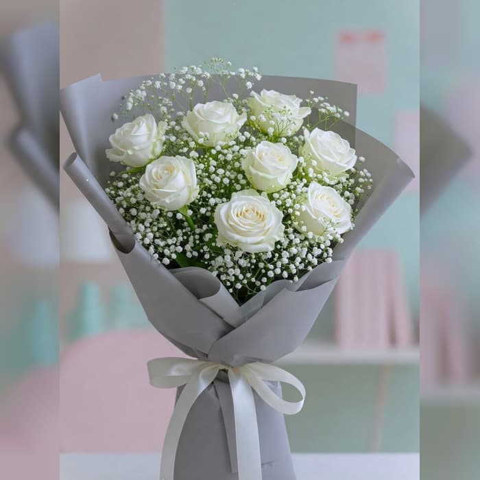 White Rose Bouquet with Baby’s Breath | Fresh Flowers