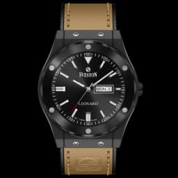 Men’s Black Dial Watch with Day-Date & Tan Leather Strap thumbnail 1