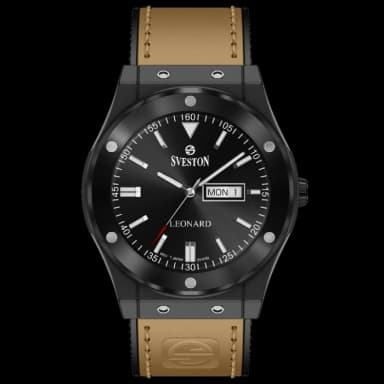 Men’s Black Dial Watch with Day-Date & Tan Leather Strap