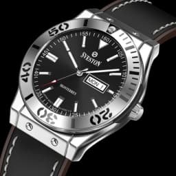 Men’s Silver Black Dial Watch with Day-Date & Leather Strap thumbnail 1