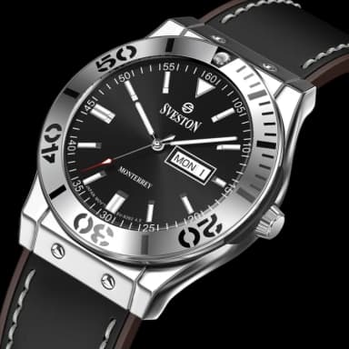 Men’s Silver Black Dial Watch with Day-Date & Leather Strap