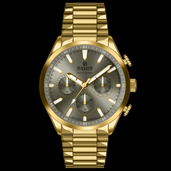 Men’s Gold Chronograph Watch with Grey Dial & Steel Strap