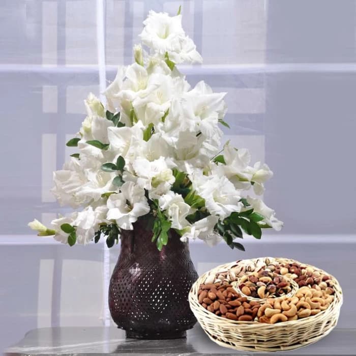 Glads with Dry Fruits Basket White Gladiolus & 1kg Premium Nuts Hamper
