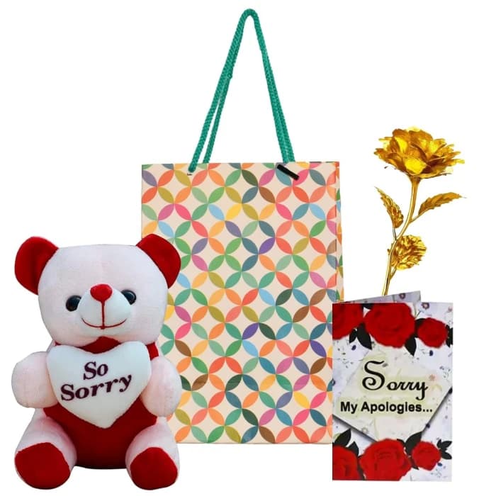 Sorry Gift Set – Greeting Card, Teddy Bear, Golden Rose & Carry Bag