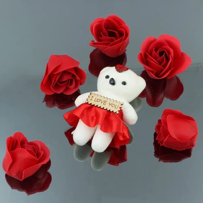 Sorry Gift Box Greeting Card, 6 Red Roses Gold Dipped Soft Teddy & Chocolate cover image 5