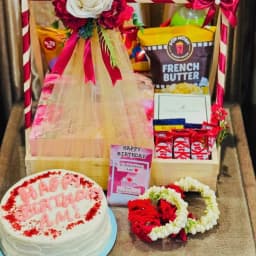 Premium Birthday Cake Basket Festive Wooden Hamper with Cake & Treats thumbnail 1
