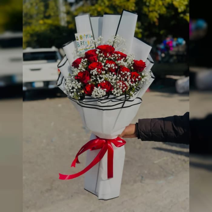 Red Roses & Baby’s Breath Birthday Bouquet
