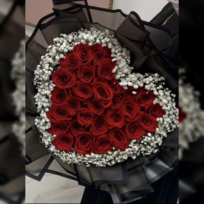Red Rose Heart Bouquet with Baby’s Breath