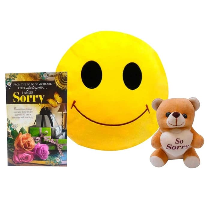 Sorry Gift Combo – Soft Teddy, Smiley Cushion & Apology Greeting Card