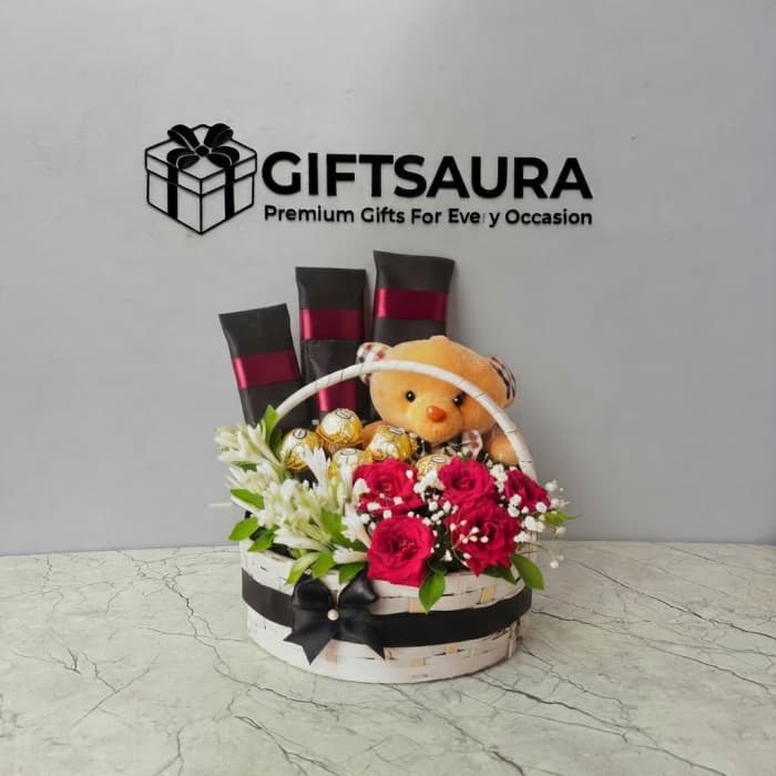 Special Surprise Arrangement Red Roses, Dairy Milk & Teddy Bear Gift Basket