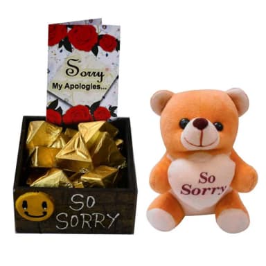 Sorry Gift Set – Greeting Card, Teddy Bear, 12 Chocolates & Wooden Box