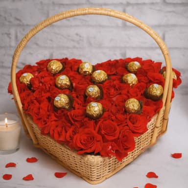 Elegant Rose & Ferrero Heart Basket Dozen Roses Ferrero Rocher