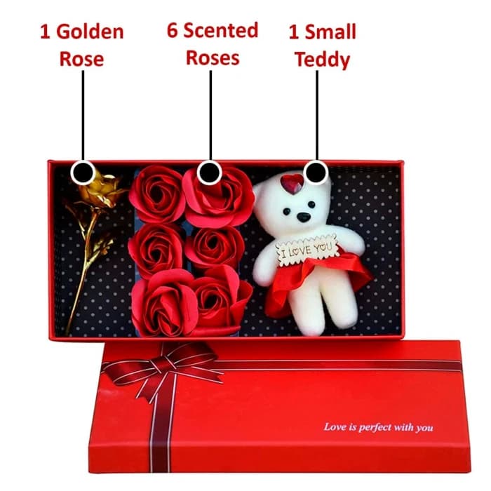 Sorry Gift Box Greeting Card, 6 Red Roses Gold Dipped Soft Teddy & Chocolate cover image 4