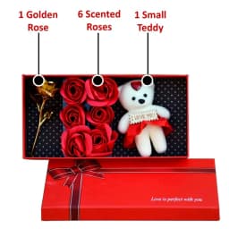 Sorry Gift Box Greeting Card, 6 Red Roses Gold Dipped Soft Teddy & Chocolate thumbnail 5