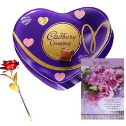 Sorry Gift Combo – Greeting Card, Red Rose & Cadbury Occasions Chocolate Heart Gift Box thumbnail 1