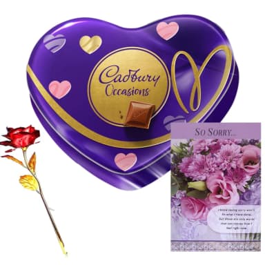 Sorry Gift Combo – Greeting Card, Red Rose & Cadbury Occasions Chocolate Heart Gift Box