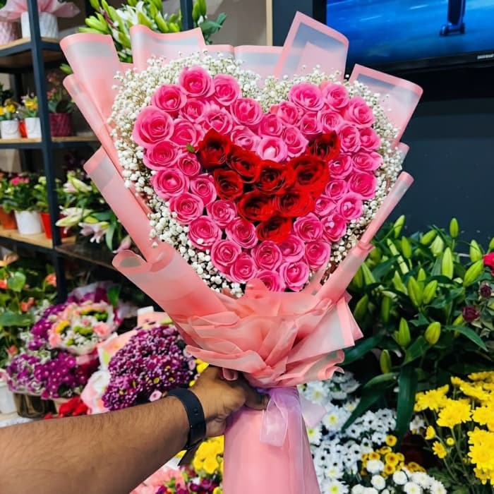 Heart-Shaped Pink and Red Rose Bouquet