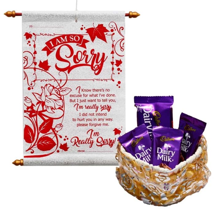 Sorry Gift Combo – Scroll Greeting Card with Basket & 4 Dairy Milk Chocolates