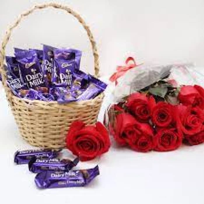 Dairy Milk & Roses Gift Basket – Chocolate & Flower Combo