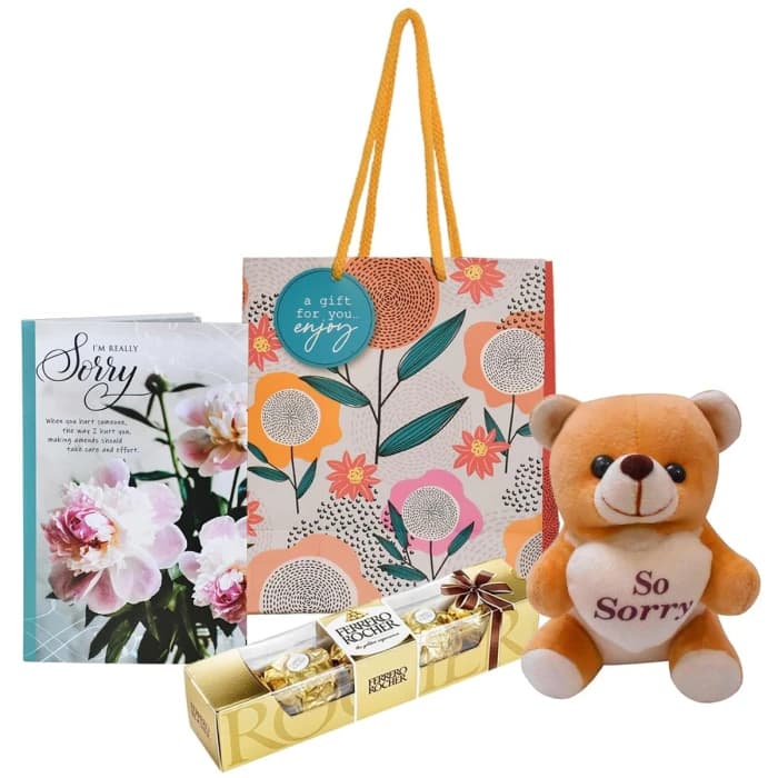Sorry Gift Combo for Girlfriend Card, Teddy Bear, Chocolate & Carry Bag cover image 4