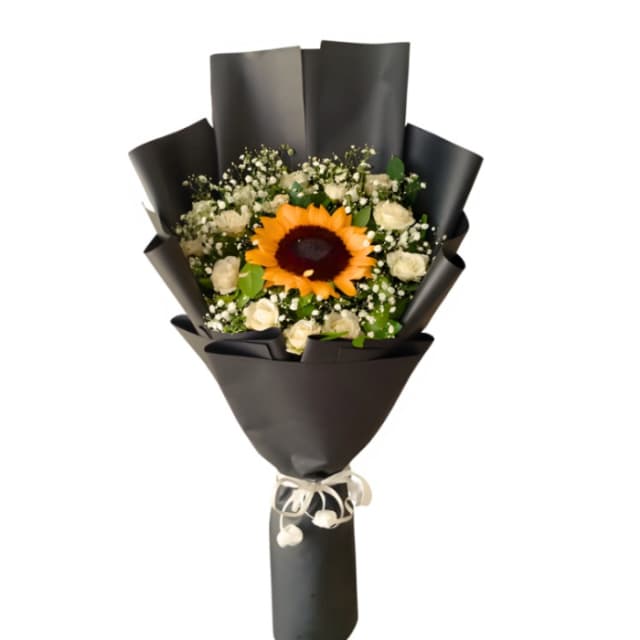 Sunflower & White Roses Bouquet Black Wrap