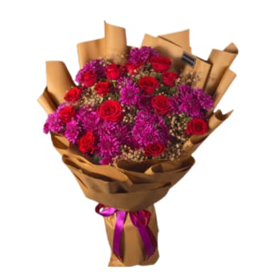 Evening Gala Flower Bouquet Red Roses & Purple Chrysanthemums