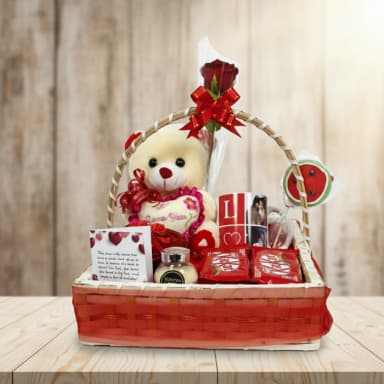 Love Special Gift Basket with Teddy, Rose, Mug & Chocolates – Romantic Surprise for Loved Ones