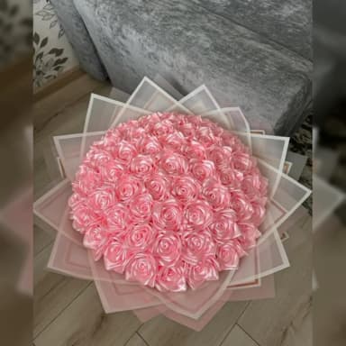Pink Ribbon Rose Bouquet 70 Handmade Artificial Roses