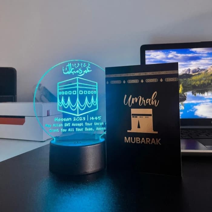 Personalised Umrah Mubarak LED Lamp – Custom Islamic Night Light with Card