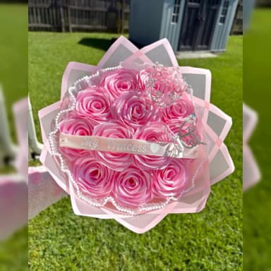 Princess Pink Ribbon Rose Bouquet | Elegant Handmade Gift