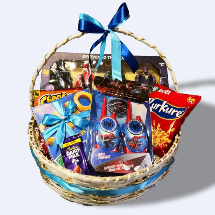 Adventure Gift Basket for Boys Spider-Man Walkie, Avengers & Snacks