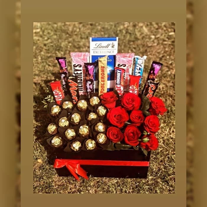 Mix Chocolaty Gift Bucket with Ferrero Rocher, Roses & Premium Chocolates