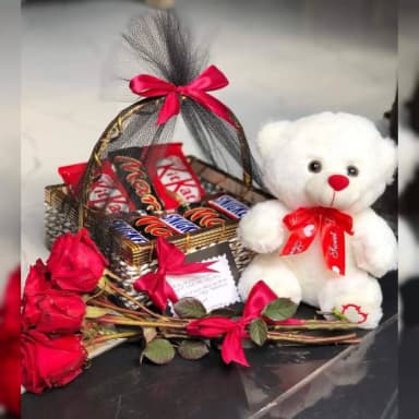 Beautiful Love Deal Roses, Chocolates & Treats Basket