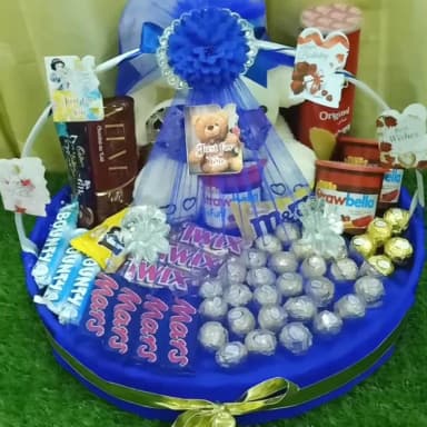 Blue Chocolate Basket Elegant Gift with Teddy & Greeting Card