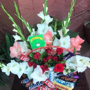 Chocolate Basket with Fresh Flowers Gift
