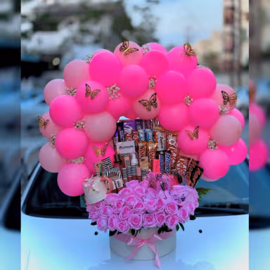 Pink Balloon Gift Basket with Chocolates Roses and Cosmetics Pink Balloon Gift Basket with Chocolates Roses and Cosmetics