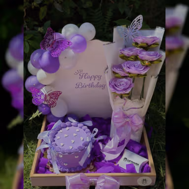 Purple Birthday Gift Basket with Cake & Flower Bouquet Purple Birthday Gift Basket with Cake & Flower Bouquet